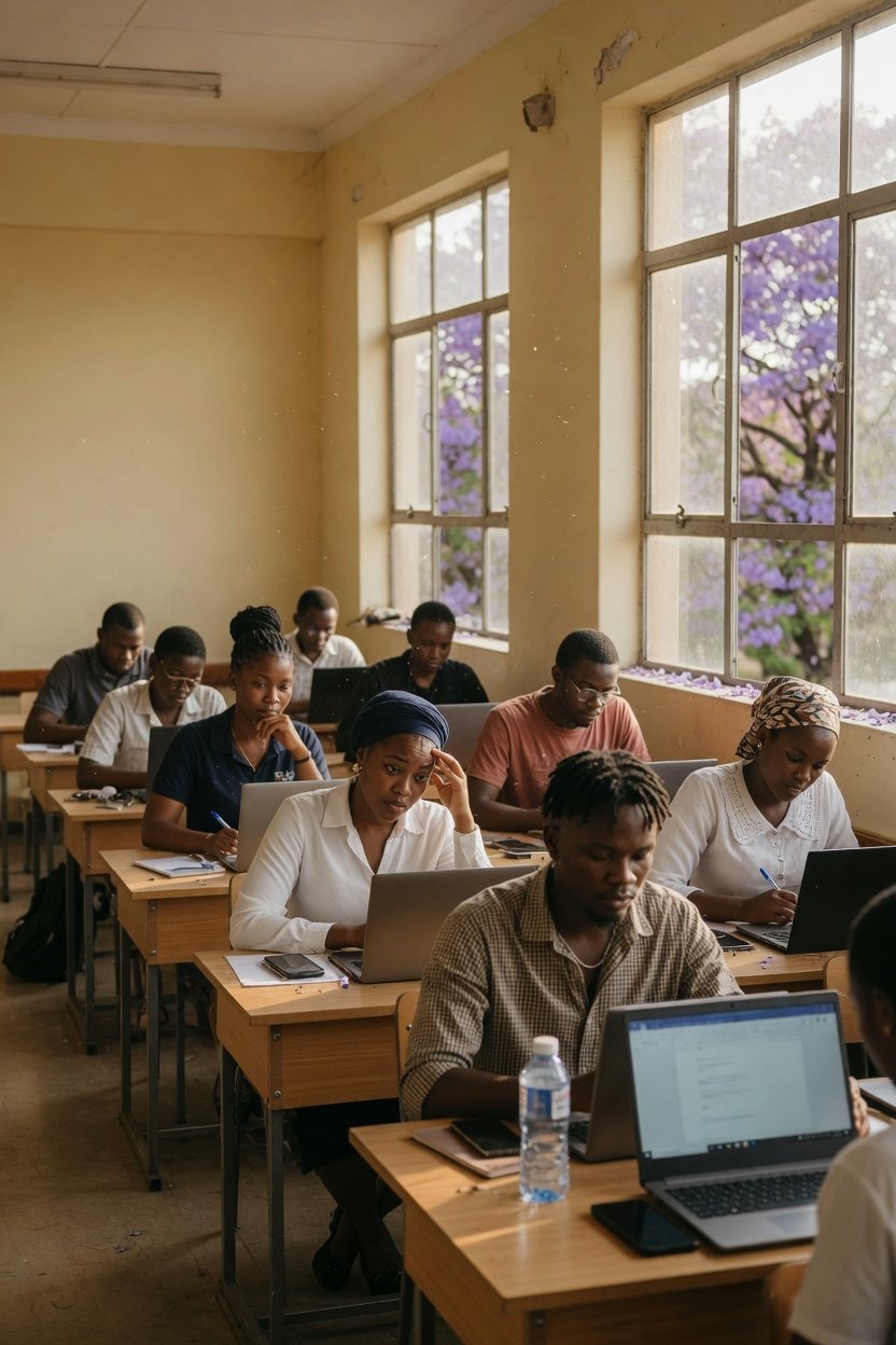 Students sitting an examination on laptops in a bright hall